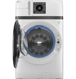GE Profile 5.3 cu. ft. UltraFast washer dryer combo in white with front door open, showing the stainless steel drum interior