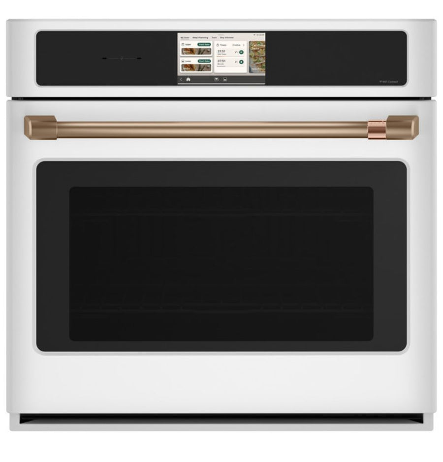CAFÉ™ Professional Series 30" Matte White Smart Wall Oven front view with touchscreen and large glass door