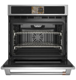 CAFÉ™ Professional Series 30" Matte White Smart Wall Oven open with racks and roasting tray inside