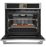 CAFÉ™ Professional Series 30" Matte Black Smart Wall Oven open with racks and roasting tray inside