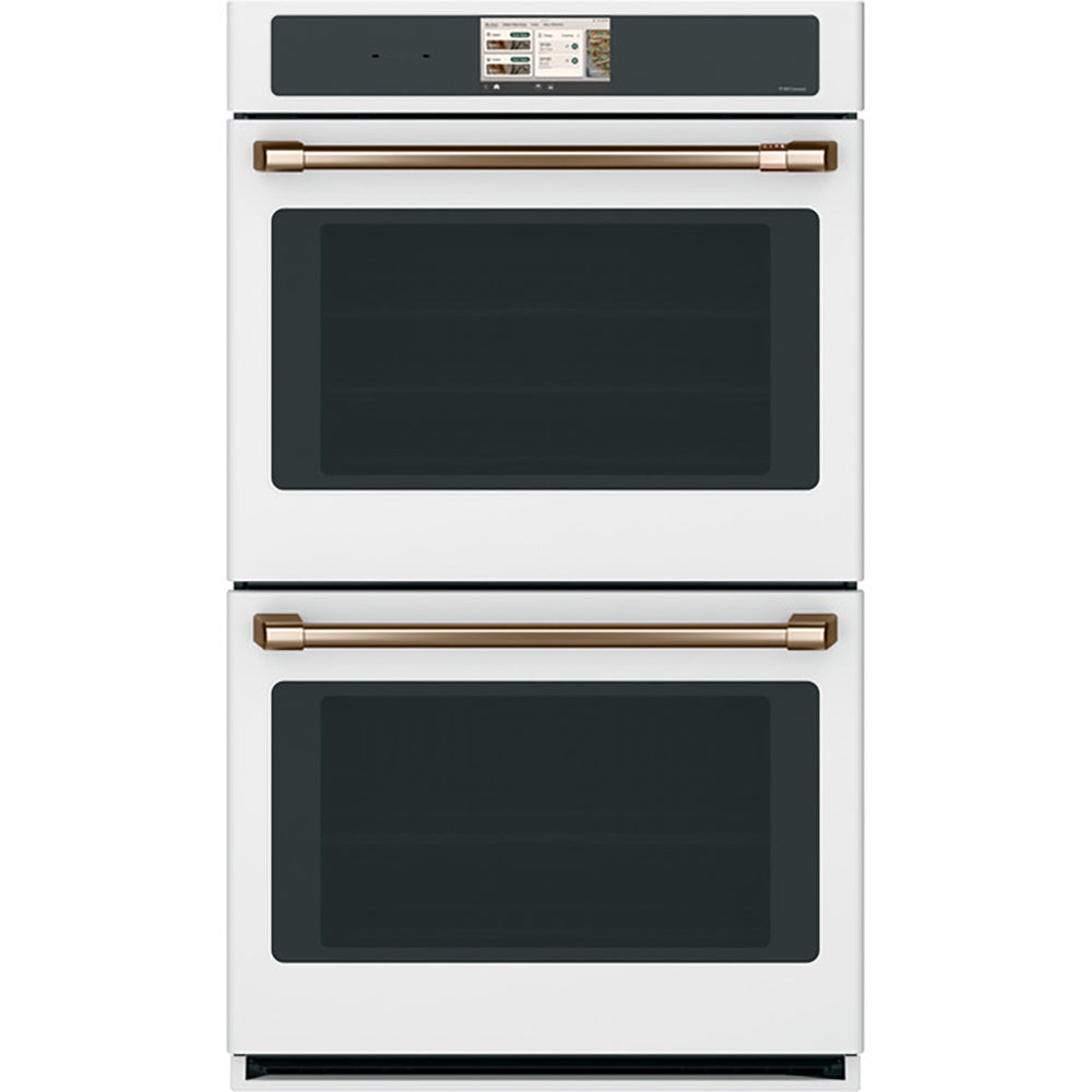 CAFÉ™ Professional Series 30" Matte White Double Wall Oven, front view with touchscreen and two glass doors