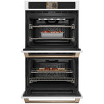 CAFÉ™ Professional Series 30" Matte White Double Wall Oven open with steaks above and roast chicken below