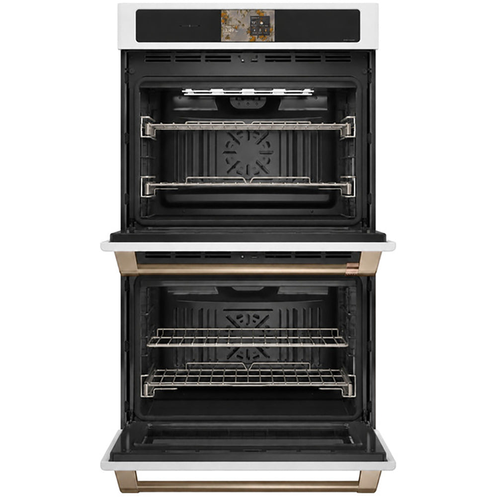 CAFÉ™ Professional Series 30" Matte White Double Wall Oven open showing racks and convection fans