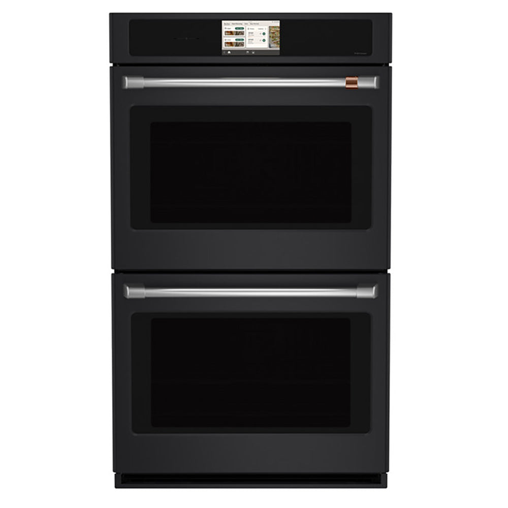 CAFÉ™ Professional Series 30" Matte Black Double Wall Oven, front view with touchscreen and two glass doors