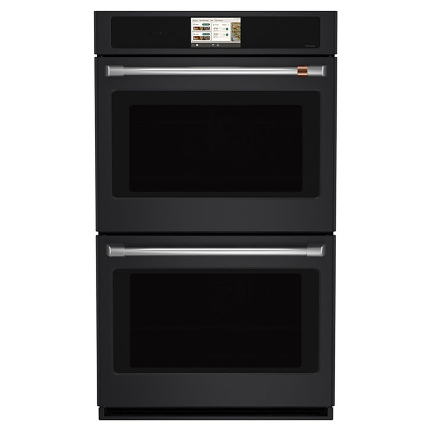 CAFÉ™ Professional Series 30" Matte Black Double Wall Oven, front view with touchscreen and two glass doors