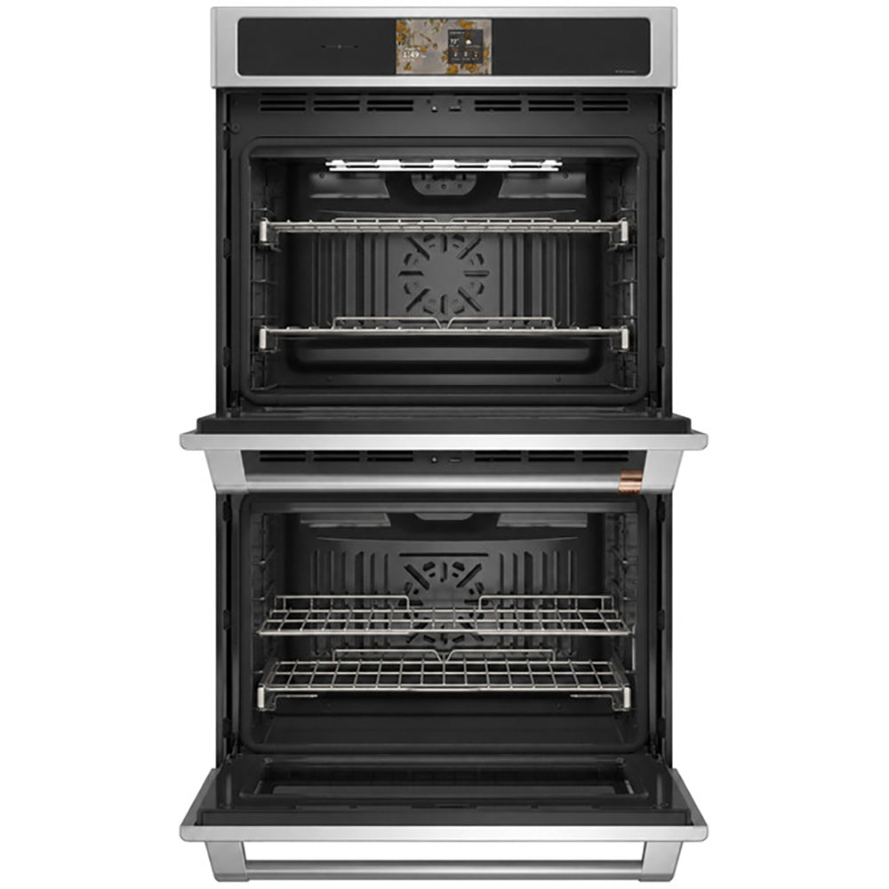 CAFÉ™ Professional Series 30" Stainless Steel Double Wall Oven open showing racks and convection fans