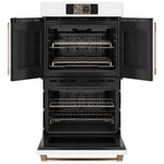 CAFÉ™ 30" Matte White French-Door Double Wall Oven open showing racks and convection fans