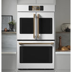 CAFÉ™ 30" Matte White French-Door Double Wall Oven built into modern kitchen cabinetry