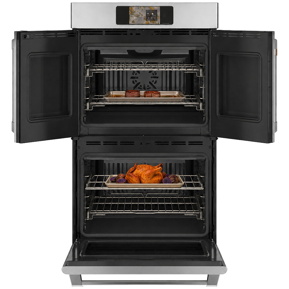 CAFÉ™ 30" Stainless Steel French-Door Double Wall Oven open with steaks above and roast chicken below
