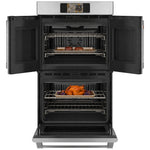 CAFÉ™ 30" Stainless Steel French-Door Double Wall Oven open with steaks above and roast chicken below