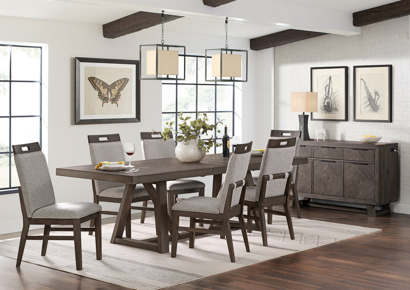Hearst 7-Piece Extendable Dining Set with Upholstered Dining Chairs - Brown, Beige
