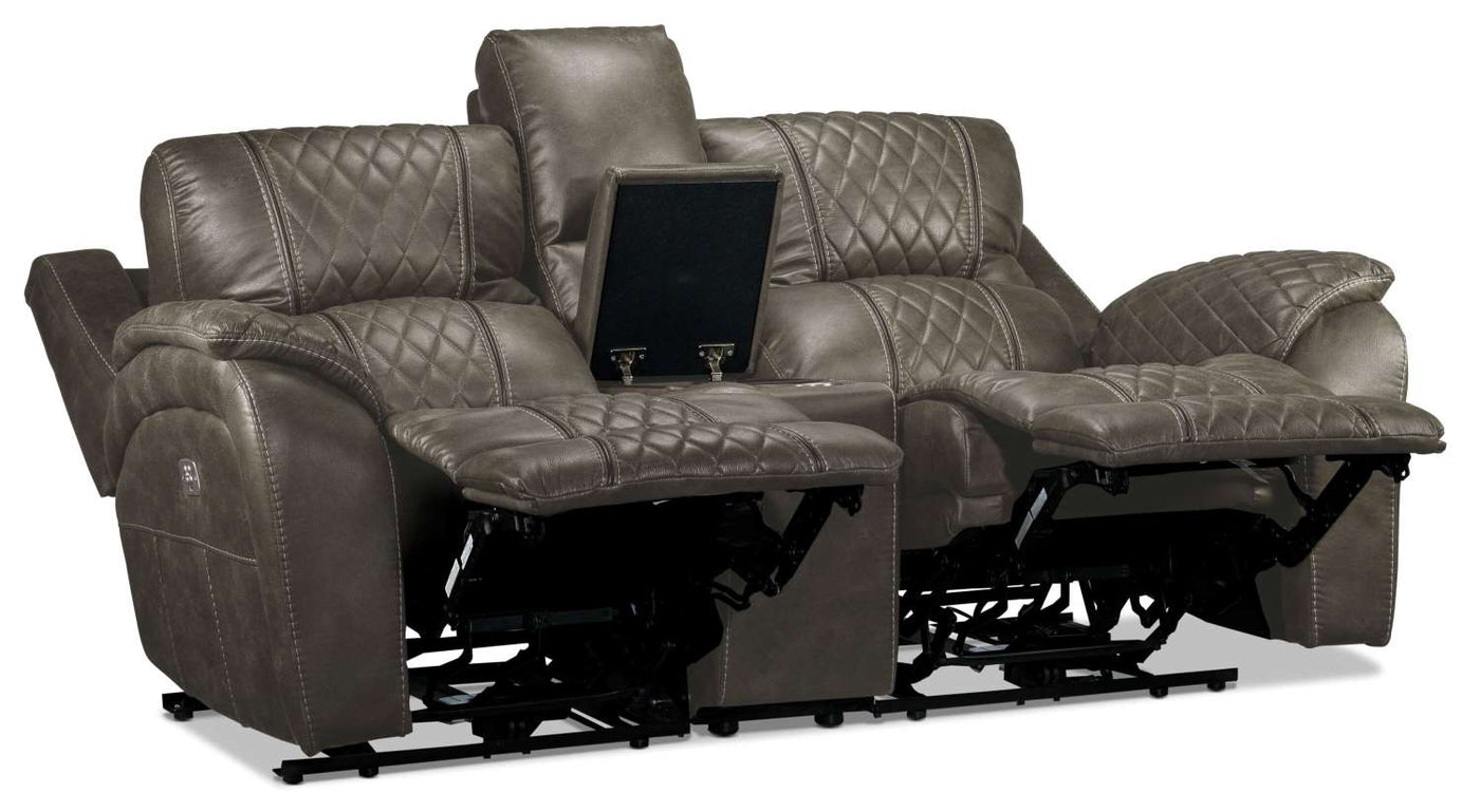 Wesley Dual Power Reclining Sofa and Dual Power Reclining Loveseat with Console - Granite