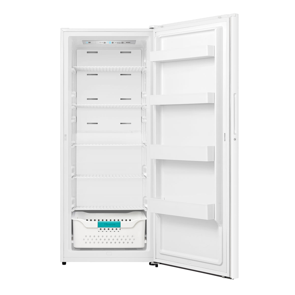 Hisense white 14 cu. ft. convertible upright freezer shown open with multiple wire shelves, four door bins, bottom storage basket and interior control panel
