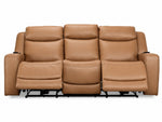 Jackson butternut leather reclining sofa front view with both end footrests extended and centre seat upright