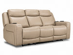 Jackson Leather Power Reclining Sofa with Heat and Massage - Pristine angled view with three padded seats and headrests