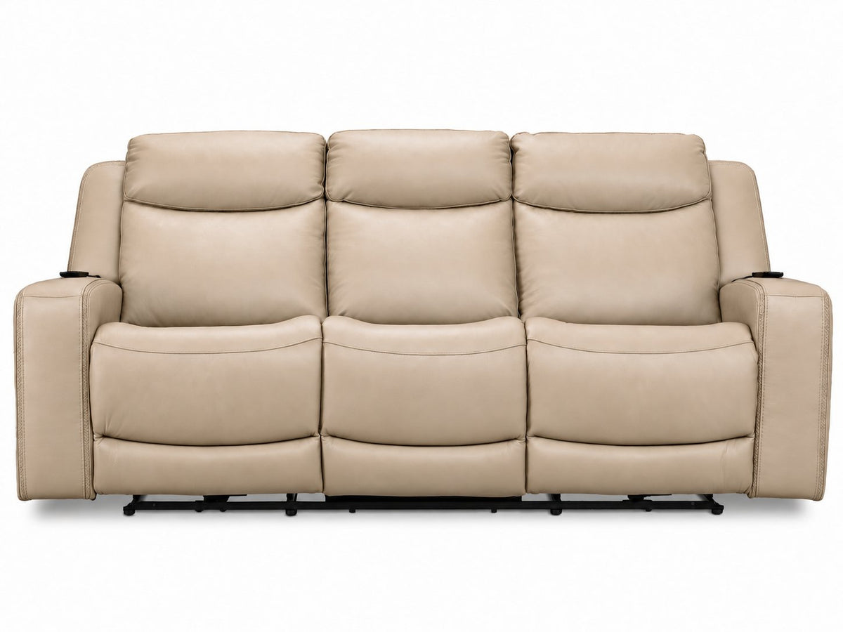 Jackson pristine leather power reclining sofa front view with three cushioned seats, padded backs and wide arms