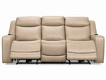 Jackson pristine leather reclining sofa front view with both end footrests extended and centre seat upright