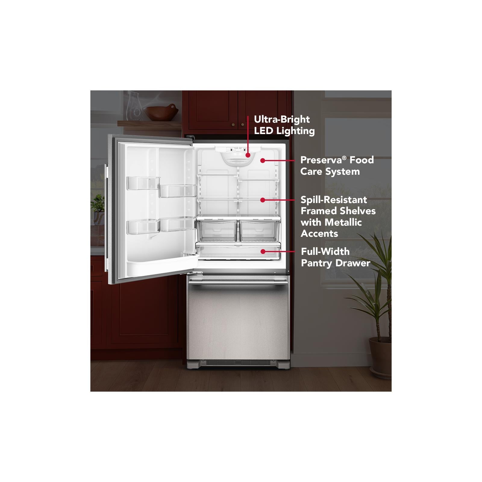 KitchenAid 30" 19.0 Cu. Ft. PrintShield Stainless Steel Standard-Depth Bottom Mount Refrigerator - KRBL130SPS