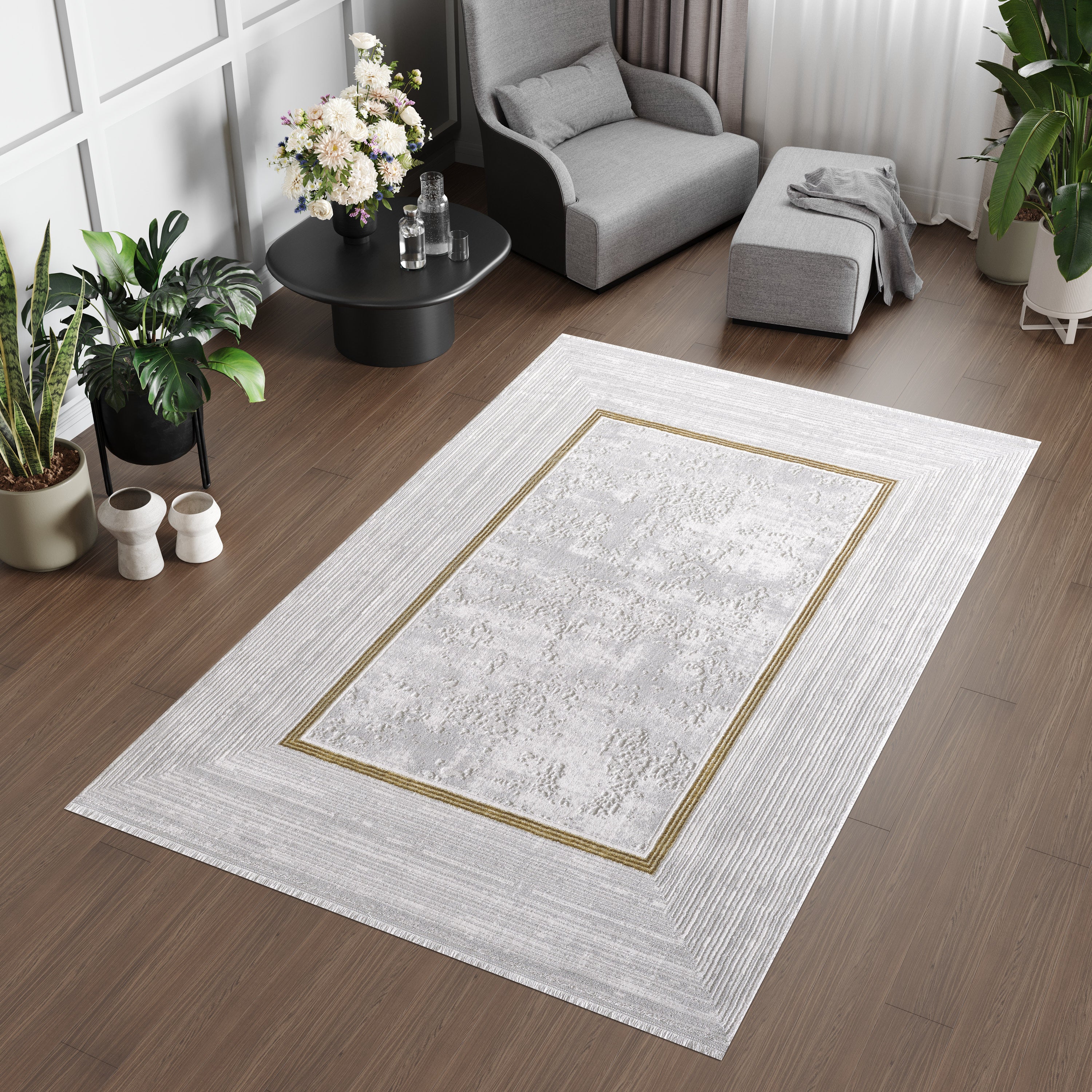 L2 Decor Lazer Area Rug 8' x 11' with Underpad - Light Grey
