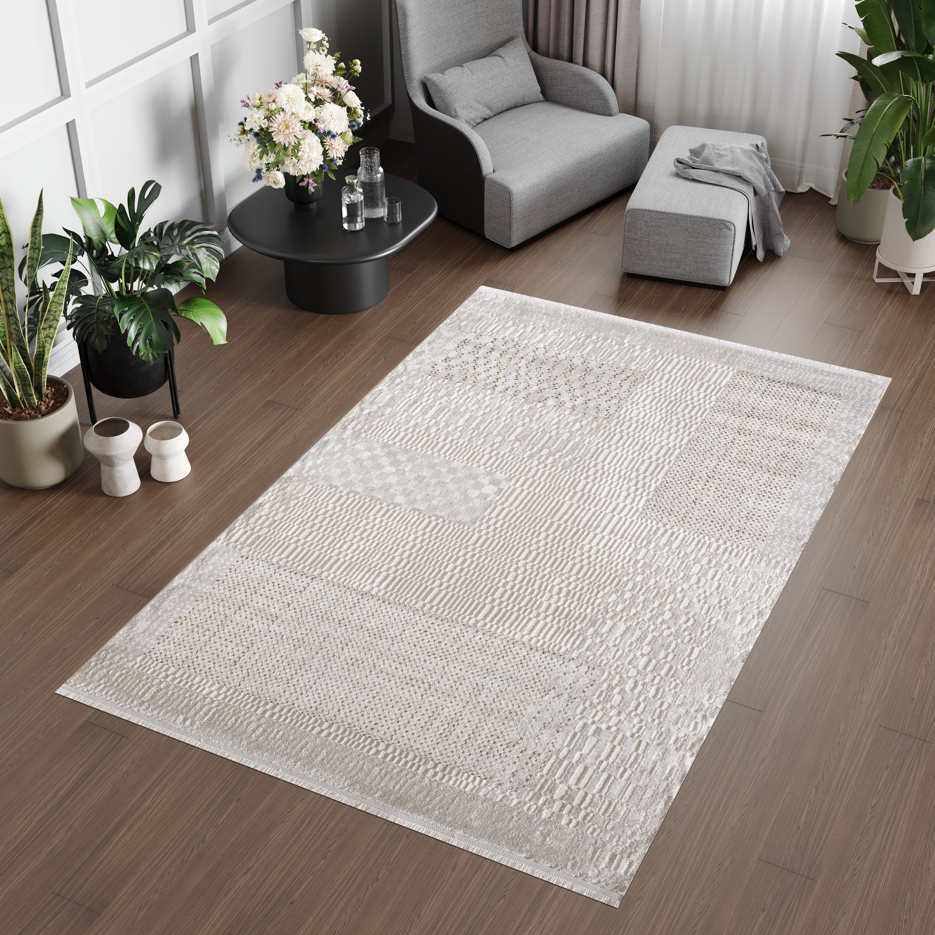 L2 Decor Lazer Area Rug 5' x 8' with Underpad - Cream, Beige