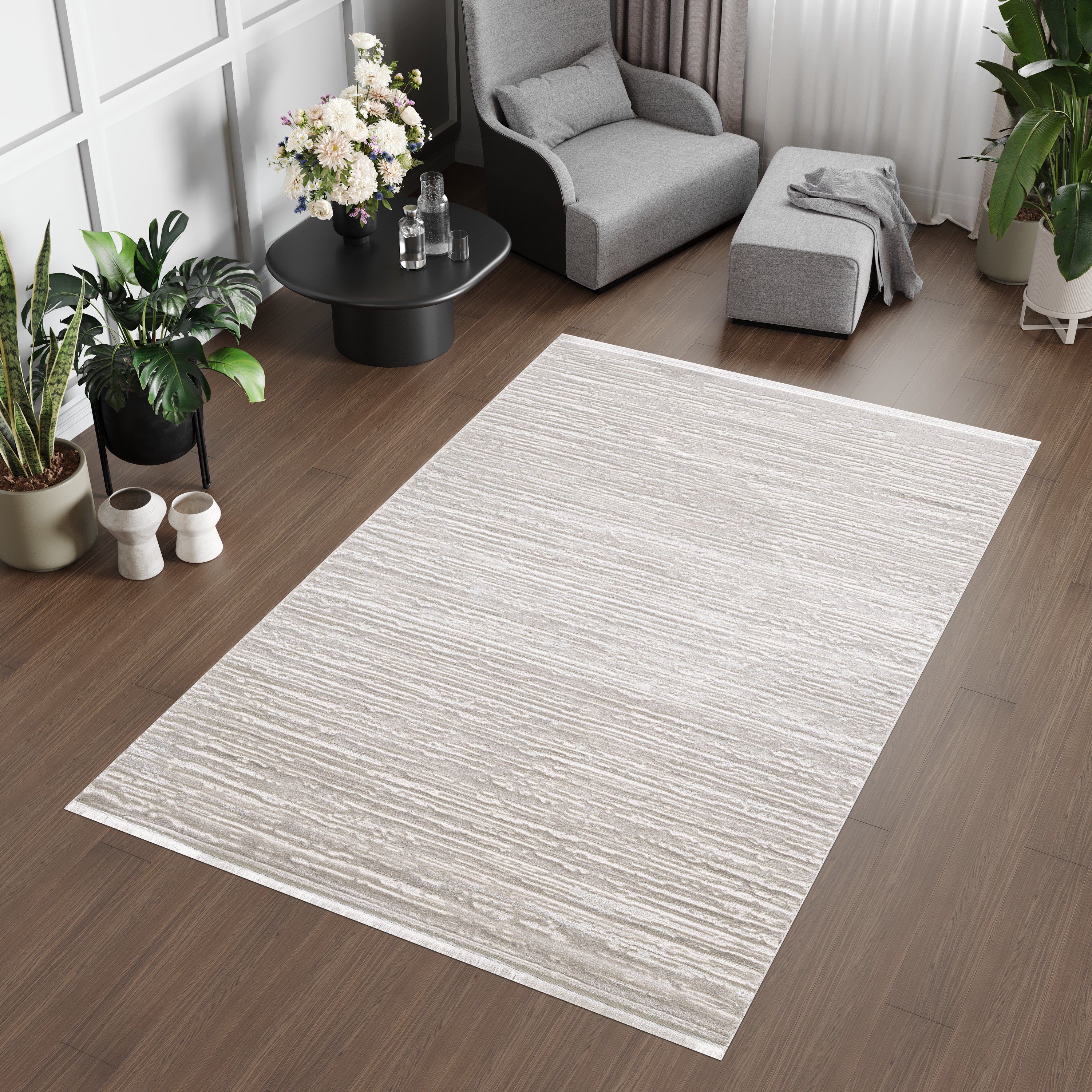 L2 Decor Lazer Area Rug 7' x 10' with Underpad - Cream, Beige, Grey