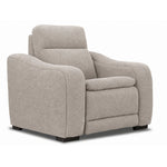 Madison Dual Power Recliner - Beige shown at an angle with textured upholstery, curved padded arms and cushioned backrest