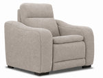 Madison Dual Power Recliner - Beige shown at an angle with textured upholstery, curved padded arms and cushioned backrest