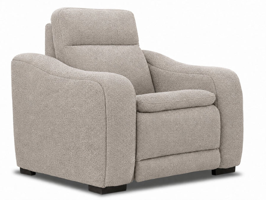 Madison Dual Power Recliner - Beige shown at an angle with textured upholstery, curved padded arms and cushioned backrest