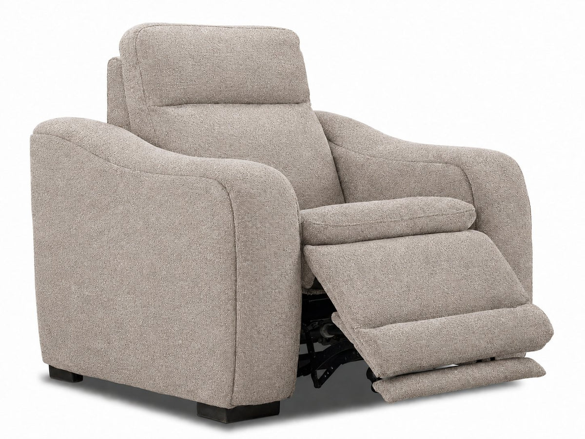 Madison Dual Power Recliner - Beige shown at an angle with the footrest extended in the reclining position