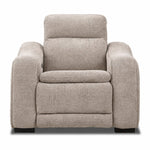 Madison Dual Power Recliner - Beige shown from the front with padded arms, cushioned backrest and closed footrest