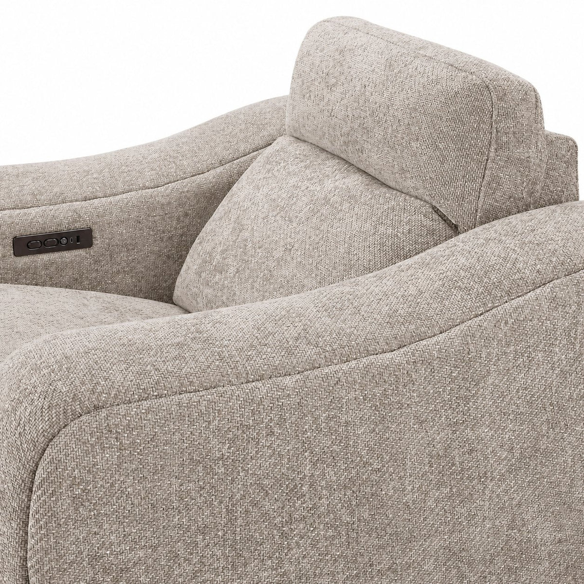 Madison Dual Power Recliner - Beige close-up showing textured fabric upholstery, curved arms, back cushion and built-in control panel