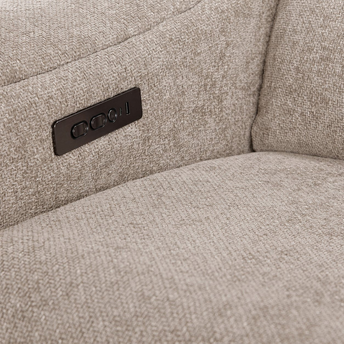 Madison Dual Power Recliner - Beige close-up showing the built-in power control panel beside the seat cushion
