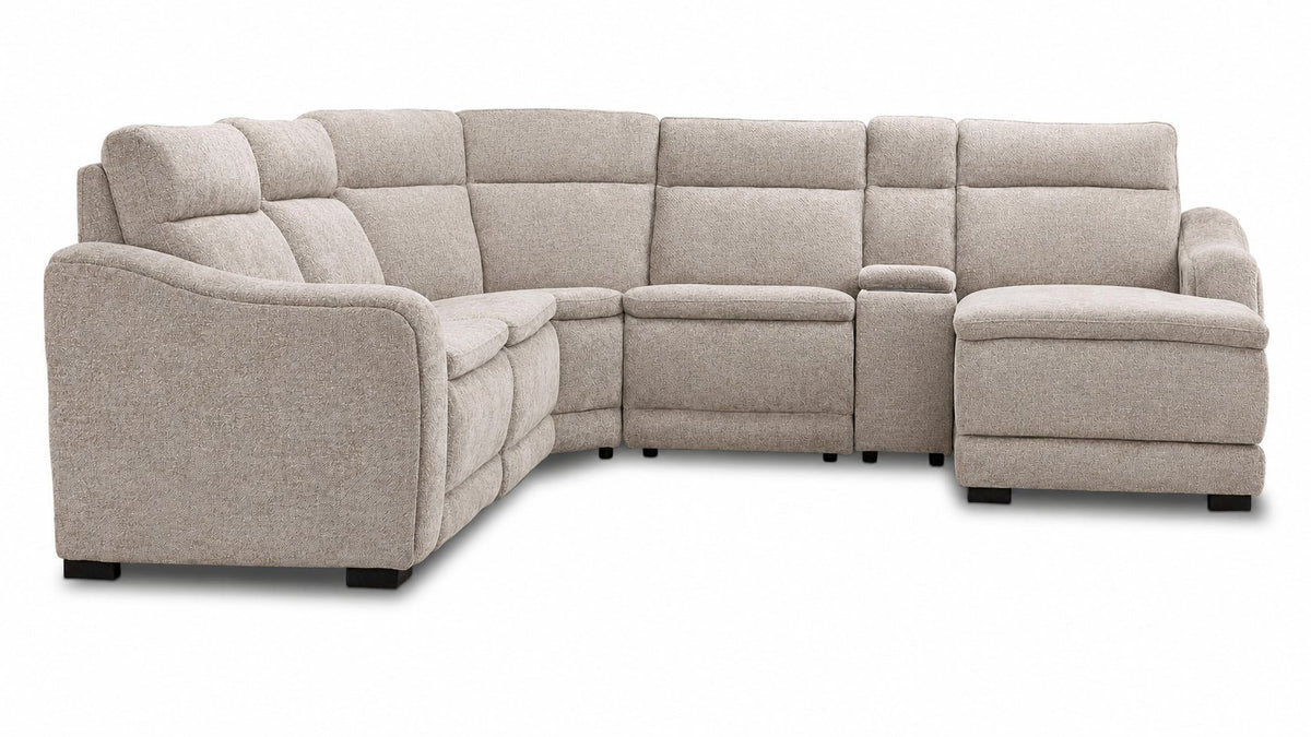 Madison 6-Piece Dual Power Reclining Sectional with Right-Facing Chaise - Beige front view with padded backrests, console and chaise