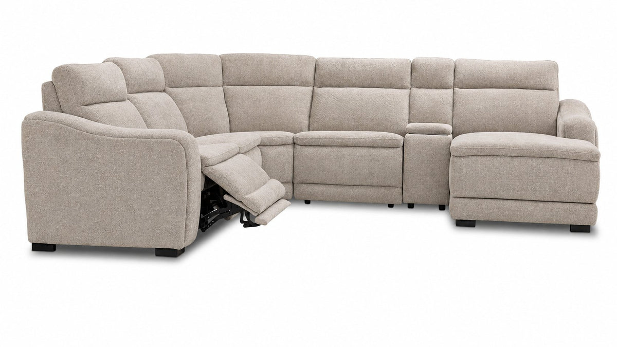 Madison 6-Piece Dual Power Reclining Sectional with Right-Facing Chaise - Beige front view with one power footrest extended