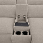 Madison 6-Piece Dual Power Reclining Sectional with Right-Facing Chaise - Beige close-up of centre console with storage, wireless charging pad and cupholders