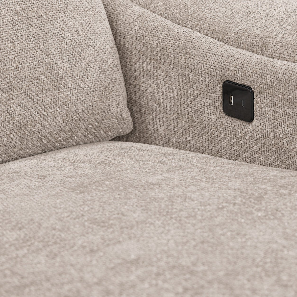 Madison 6-Piece Dual Power Reclining Sectional with Right-Facing Chaise - Beige close-up of built-in USB and USB-C charging ports