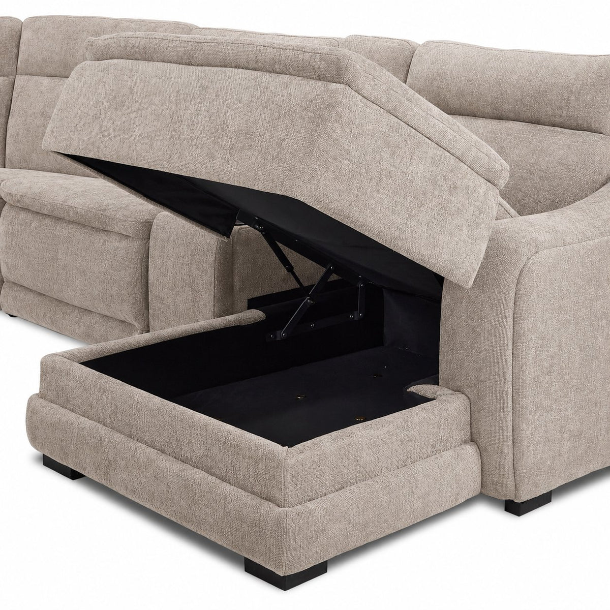 Madison 6-Piece Dual Power Reclining Sectional with Right-Facing Chaise - Beige close-up with chaise seat lifted to reveal hidden storage