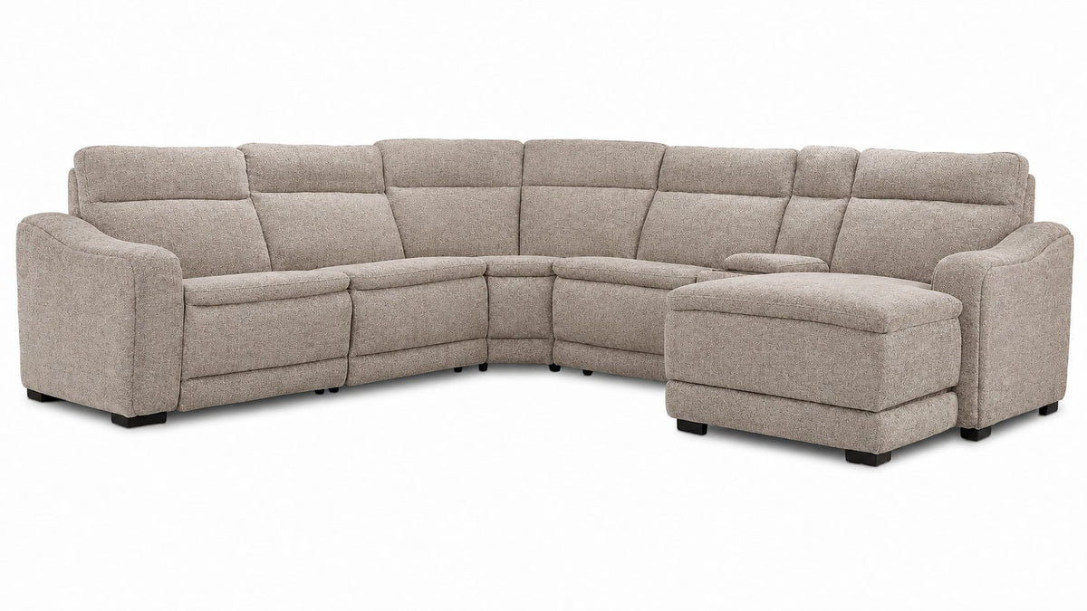 Madison 6-Piece Dual Power Reclining Sectional with Right-Facing Chaise - Beige shown at an angle with cushioned seating, console and chaise