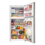 Fully stocked top mount refrigerator with frozen food, beverages, produce and condiments