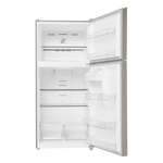 Open refrigerator showing freezer shelf, glass shelves, door bins and crisper drawers