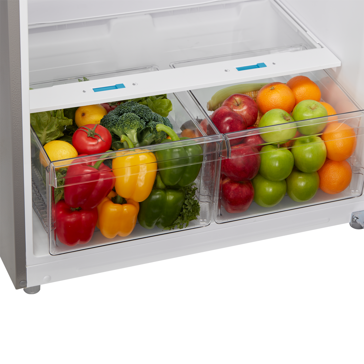 Two clear crisper drawers filled with fruits and vegetables