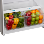 Two clear crisper drawers filled with fruits and vegetables