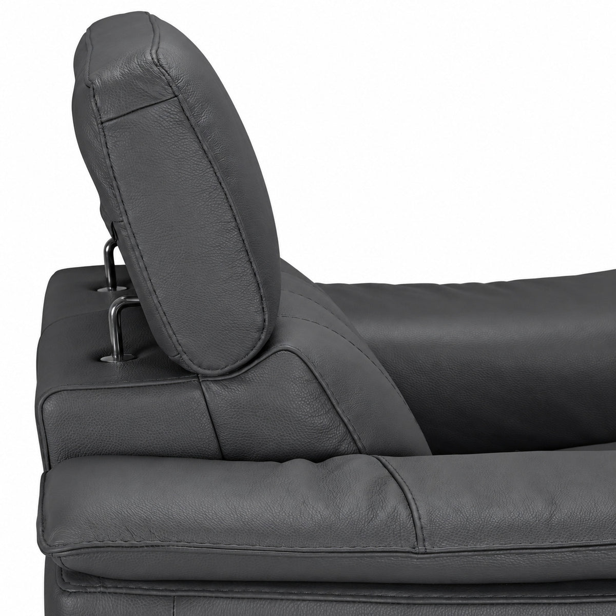 Side close-up showing the adjustable headrest mechanism and dark grey leather upholstery