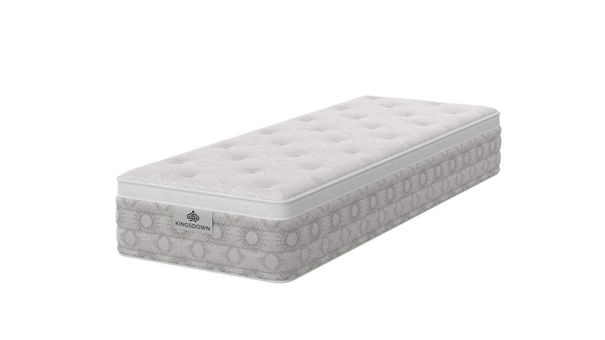 Kingsdown Paxton Medium Euro Top 30 x 80 in Queen Split Mattress, angled view with plush white quilted top and patterned sides