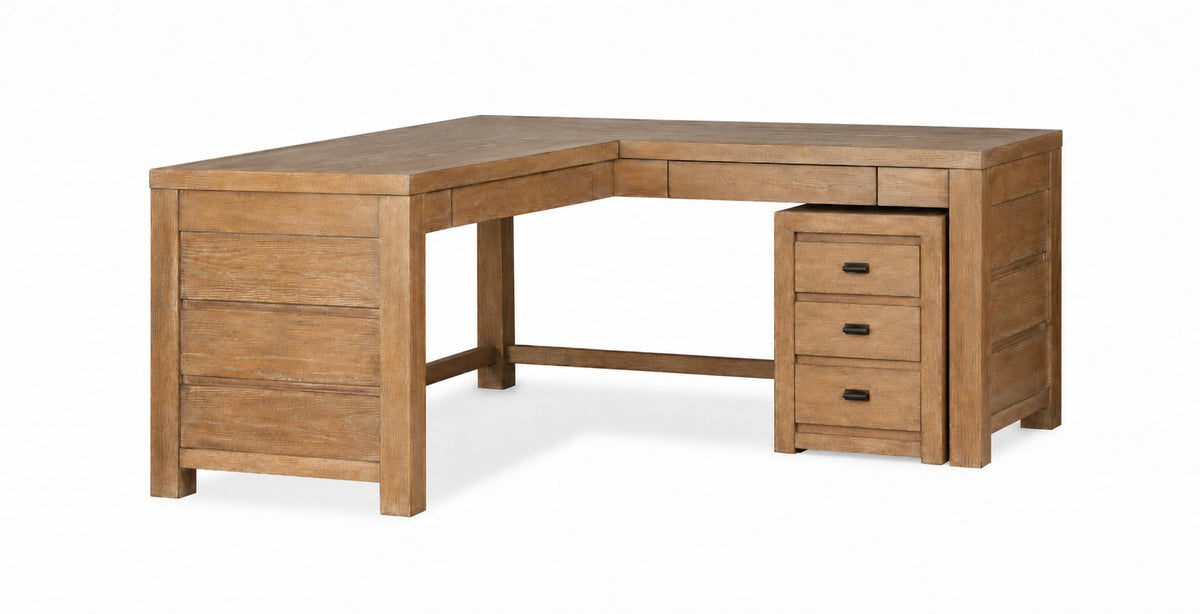 Plum Creek 70" Corner Desk and Filing Cabinet Set - Sierra Brown in a three-quarter view with spacious L-shaped desktop, paneled wood sides and matching three-drawer filing cabinet