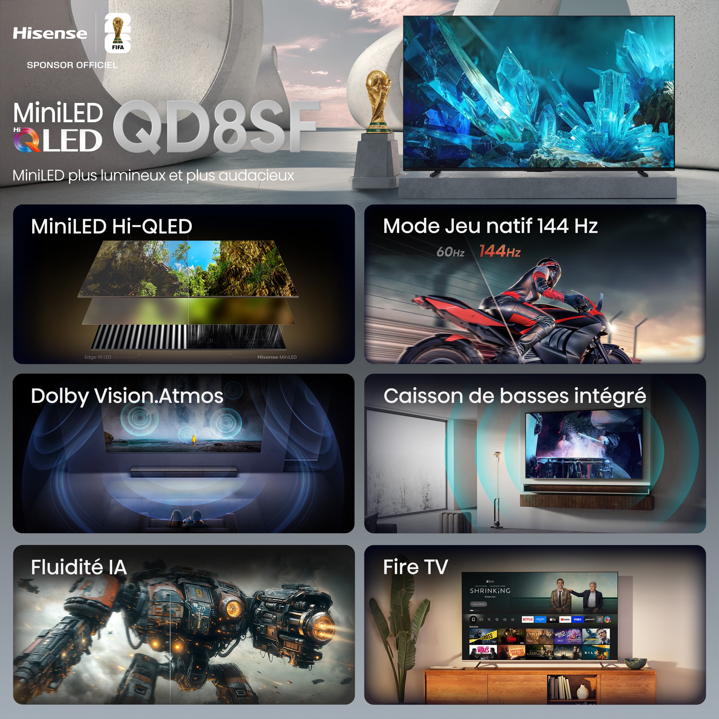 Hisense Téléviseur intelligent 50 po QLED MiniDEL FireTV 144Hz IA 4K – 50QD8SF--
