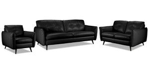 Carlino Ens. Sofa, causeuse et fauteuil en cuir – noir