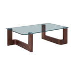 Anabelle 52" Coffee Table - Brandy with clear glass top and curved wood base in a warm brown finish