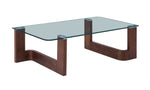 Anabelle 52" Coffee Table - Brandy with clear glass top and curved wood base in a warm brown finish