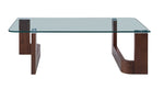Anabelle 52" Coffee Table - Brandy front view with clear rectangular glass top and sculpted wood supports